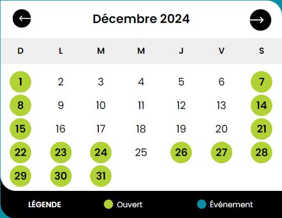 dates d'ouverture de Frima pour décembre 2024