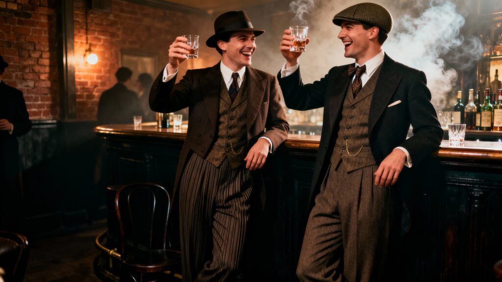 Image générée par l'IA. Deux hommes adossés à un bar, ambiance festive, costumé en Dandy
