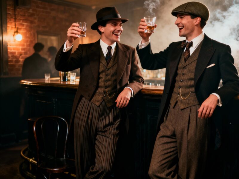 Image générée par l'IA. Deux hommes adossés à un bar, ambiance festive, costumé en Dandy